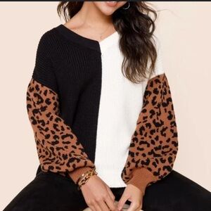 Suprelook Lacie Split Seam Animal Print Leopard Color Block Puff Sleeve Sweater